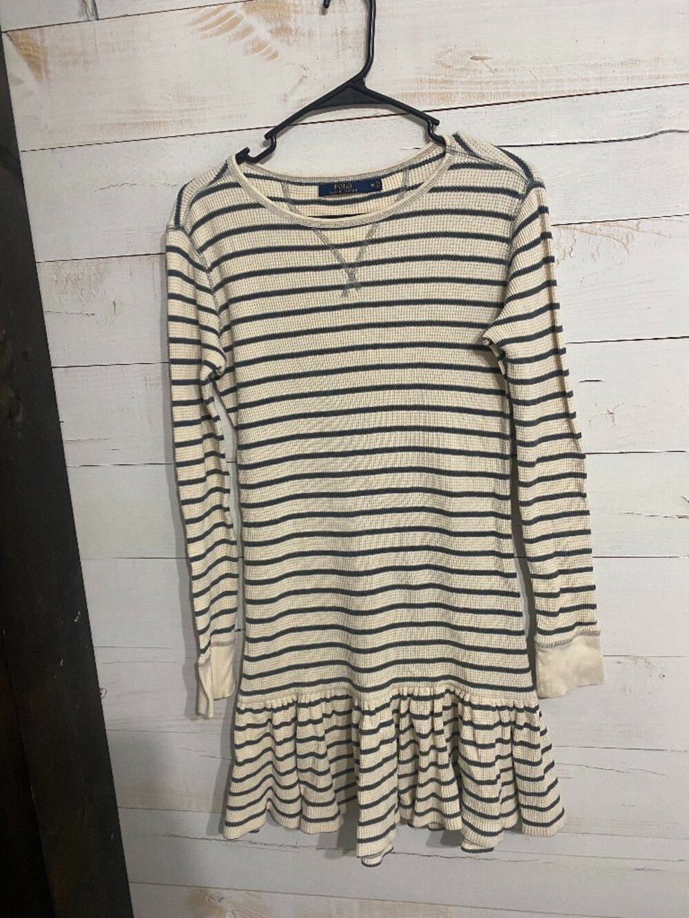 Polo Ralph Lauren Striped Waffle Knit Drop Waist Flounce Hem Mini Dress M
